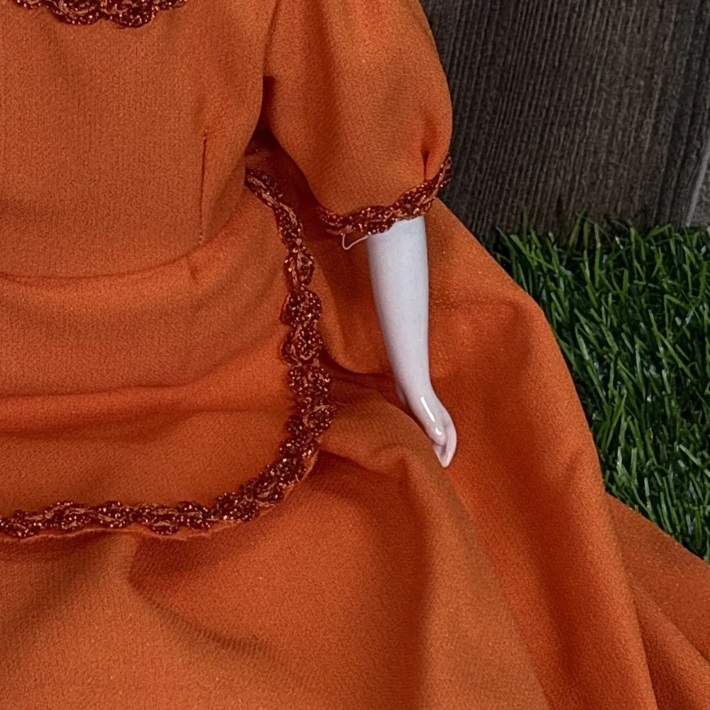 Vintage German Porcelain Doll‎ Orange Dress Hand Painted Face AS IS